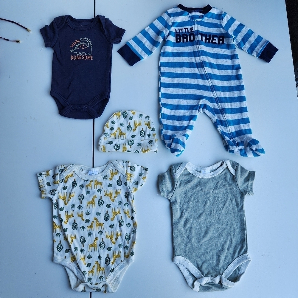 5 Pc Lot Carters Little Beginning Baby Boy Outfit Adorable Set Bodysuits Hat 0-3